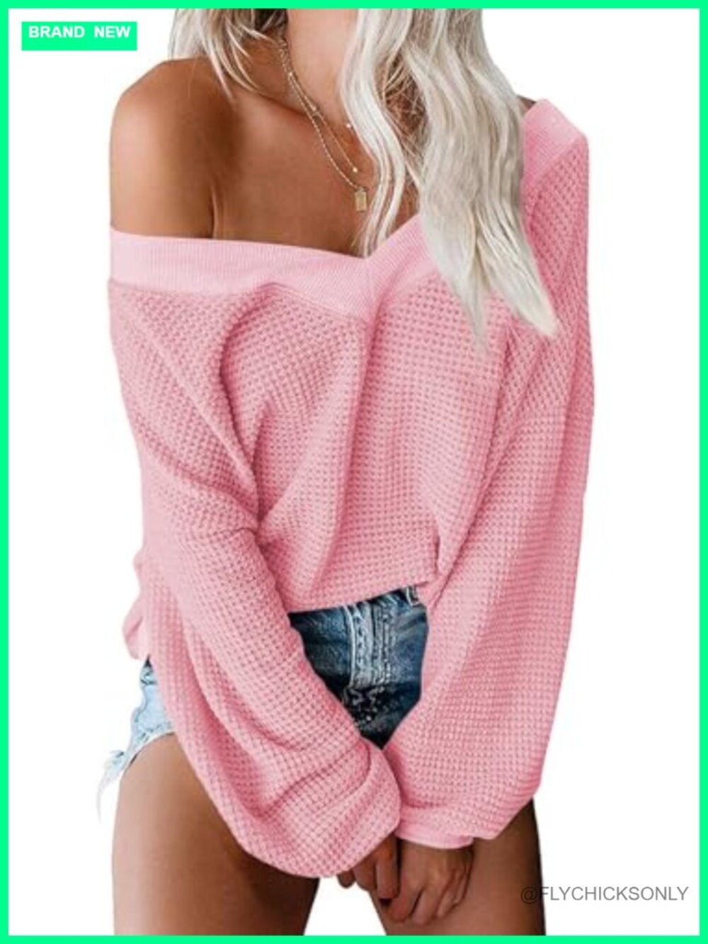 Waffle Knit Off Shoulder V Neck Long Sleeve Pullover Sweater